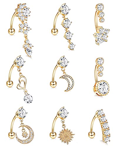 Masedy 9Pcs 14G Stainless Steel Dangle Belly Rings for Women Reverse Navel Rings Curved Barbell Body Piercing Jewelry Gold