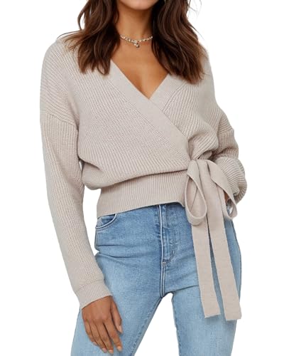 Women's V-Neck Wrap Sweater, Long Sleeve Ribbed Knit Top, Casual Cropped Pullover with Side Tie (US, Alpha, Large, Regular, Regular, Beige)