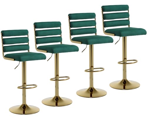 CIMOTA Modern Velvet Bar Stools Set of 4, Green with Gold Base, Adjustable Height 25.5-34 Inches, 300 lbs Weight Capacity