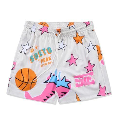 DIOTSR Mens Graphic Basketball Shorts Elastic Waistband Athletic Running Active Shorts Casual Streetwear (01 Star-Cream,Large)