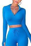 QINSEN Active Wear Outfits For Women Long Sleeve Crop Tops for Women 2 Piece High Waisted Ruched Back Yoga Outfits Active Leggings L