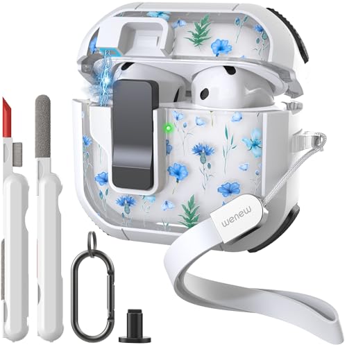 WENEW Case for AirPods 4th Case Cover Secure Lock Automatic Snap Switch Clip Cleaner Kit Lanyard Women Stylish Flower Armor Hard Shell Full Body Front LED Visible (Blue Flower, AirPods 4th)