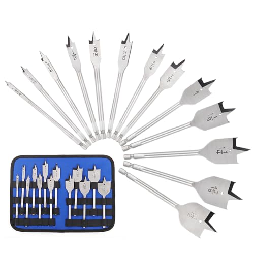 COMOWARE 13 Pcs Spade Drill Bit Set - Paddle Flat Bits Set for Woodworking, Hex Shank, Carbon Sreel, 1/4"-1-1/2", Portable Nylon Storage Holder