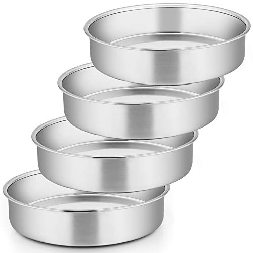 E-far 8 Inch Cake Pan Set of 4, Stainless Steel Round Layer Cake Baking Pans, Non-Toxic & Healthy, Mirror Finish & Dishwasher Safe