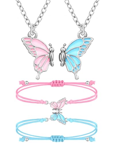 MJartoria BFF Necklace and Bracelets for 2-Butterfly Friendship Necklace Bracelet Best Friend Necklace Matching Necklace Bracelets Gifts (Pink+Blue-Silver)