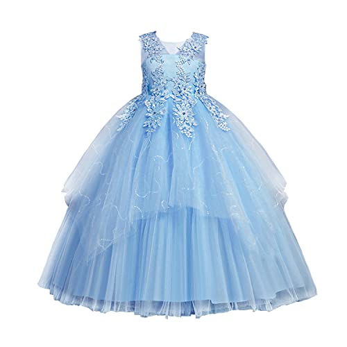 LOLANTA Girls' Evening Dresses Birthday Princess Dress Long Models Mesh Sequins Host Stage Runway Piano Performance Clothes (4-5 Blue)