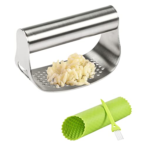 FAVIA Stainless Steel Garlic Press Rocker with Silicone Garlic Peeler Tube Set & Beer Opener Cleaning Brush - BPA Free Dishwasher Safe Cool Kitchen Gadgets (Super Rocker)