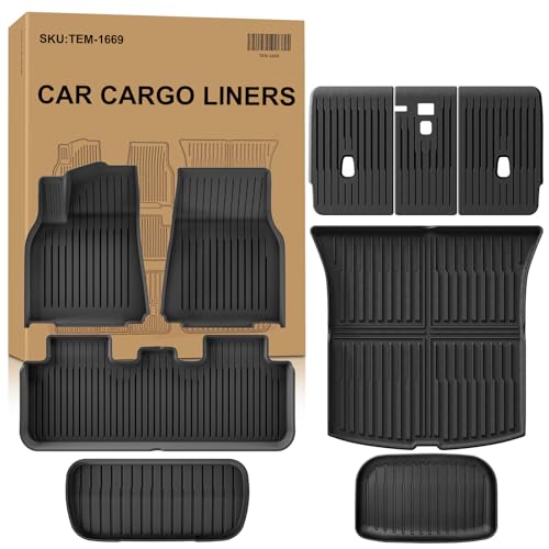 Romswi All Weather Floor Mats for Tesla Model Y Juniper 2025 2026 9-Piece Set | Premium TPE Custom Fit Floor Liners, Cargo Trunk Mat & Rear Seat Back Protector | 5 Seater Interior Accessories