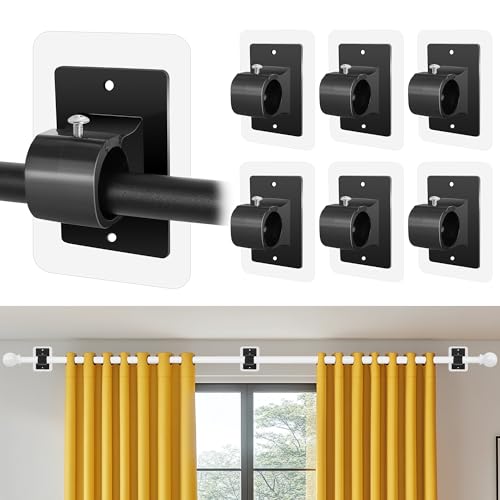6PCS No Drill Curtain Rod Brackets,Self Adhesive Curtain Rod Holder No Drilling,Renter Friendly Drapery Rod Hook,Nail Free Adjustable Non Screw Draper Pole for Apartment Window Wall Door Ceiling Mount