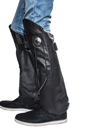 Leather Legs Cover Half Chaps Zipper & Velcro Short Gaiter Stay Up Lined Windproof Leg Warmers Adjustable Concho & Fringes for Horse Riders, Protective Guard Bikers, Leg Gaiters for Women & Men XS-S
