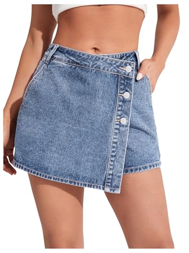 WDIRARA Women's High Waisted Button Front Denim Skort Asymmetrical Hem Skirt Shorts Blue Solid Large