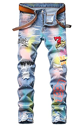 Men's Skinny Designer Printed Jeans Stylish Ripped Badge Patches Jeans,Badge 3029 Blue,Size 38