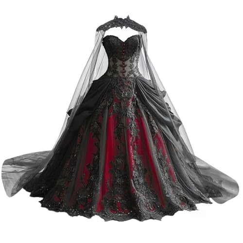 Mauuwy Tiered Burgundy Bridal Dresses with Cape Beaded Gothic Wedding Dresses for Brides Lace Applique Vintage Tulle Chiffon Wedding Gown Size 12