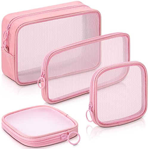 Weewooday 4 Pcs Mesh Makeup Bag Mesh Cosmetic Bag Travel Toiletry Pouch with Zipper Mini Makeup Cosmetic Purse for Daily Accessory (Pink,Small)(Small, Large, Medium,Pink)