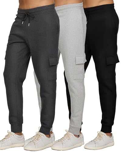 PURE CHAMP Mens 3 Pack Fleece Cargo Pants Active Athletic Mens Sweatpants Workout Jogger Drawstring Size S-3XL(SET1 Size 3X-Large)