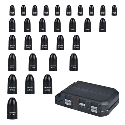 MUUNN 30Pcs Tungsten Fishing Weights Sinkers Kit, Tungsten Worm Weights Set Assortment Size with Fishing Tackle Box for Bass Fishing (Matt Black)