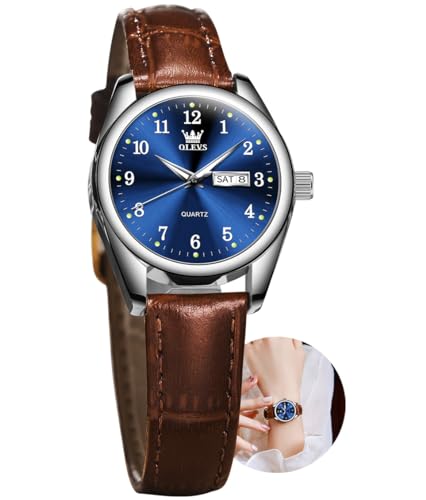 OLEVS Watch Women, Women's Easy Reader 28mm Leather Watch, Analog Blue Dial with Day Date Women Watches, Dress Luxury Classic Women's Wrist Watches with Arabic Numerals Small Face Wristwatch for Woman