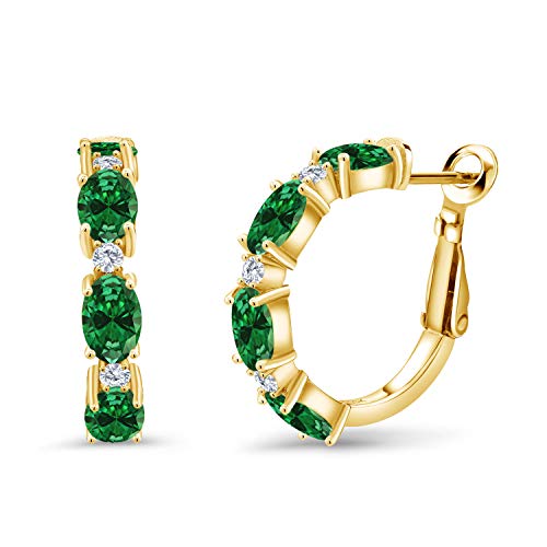 Gem Stone King 18K Yellow Gold Plated Silver Green Created Emerald and White Lab Grown Diamond Hoop Earrings For Women (3.03 Cttw, Oval 6X4MM, Round 2MM)