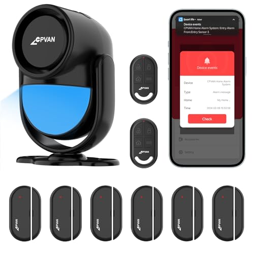 CPVAN Home Alarm System, WiFi PIR Motion Sensor Alarm, Wireless DIY Smart Door/Window Alarm for Home Security with Phone APP Alert 9 Pieces-Kit (Indoor PIR Alarm Host, 6 Door Sensors, 2 Remotes),Black