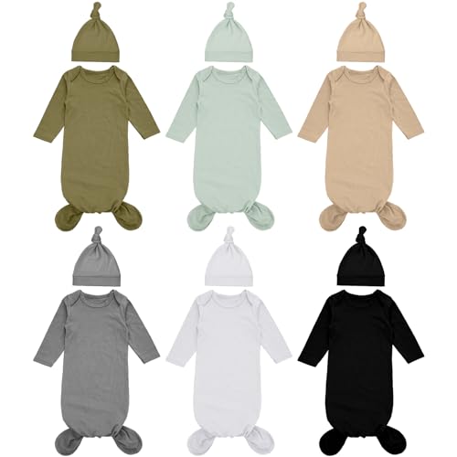 Cuffbow 6 Packs Newborn Baby Knotted Gowns Set 0-6 Months Cotton Sleeper Long Sleeve Nightgown and Hat Set for Infant Baby(Dark Color)