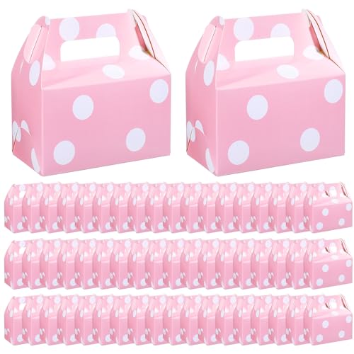 TecUnite 50 Pcs Pink Polka Dot Party Favors Boxes Large Treat Candy Gift Boxes with Handles 6.3 x 6.3 x 3.5 Inches for Birthday Halloween Christmas Party Supplies