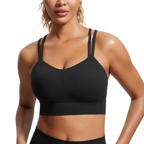 CRZ YOGA Womens Butterluxe Strappy Longline Sports Bra - Molded Cup Double Spaghetti Strap Workout Yoga Crop Top Athletic Black Medium