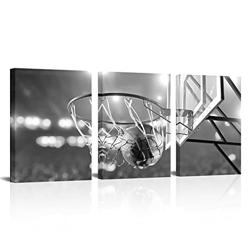 Apicoture Black and White Basketball Canvas Print Wall Art Basketball Poster Framed for Sport Room Wall Decor Ready to Hang 12''x 16''x 3 Panels