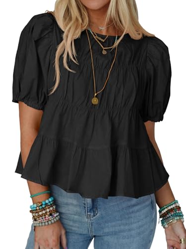 Tankaneo Womens Puff Sleeve Peplum Babydoll Tops Summer Smoked Pleated Cotton T-Shirts Casual Loose Fit Flowy Blouse Black