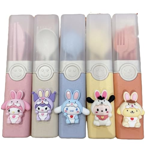 hombäde Plastic Cutlery Tableware Flatware Silverware 5 Piece Set Portable Reusable Travel Cute Kawaii Anime Cartoon Dog Bunny for Boys and Girls (Mellow Chacco)