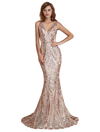 Ikerenwedding Women's V-Neck Sequins Sleeveless Lace-up Mermaid Evening Dress Champagne US8