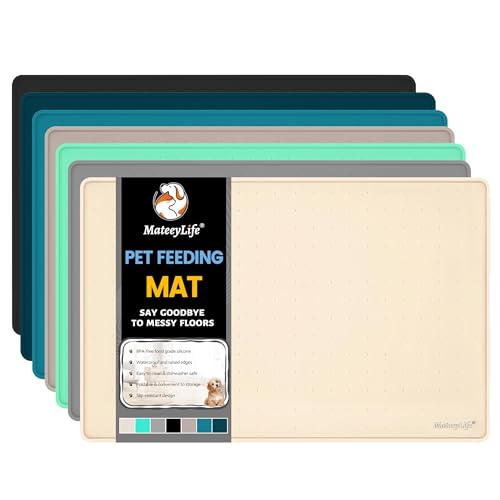 MateeyLife Dog & Cat Food Mat for Floors Waterproof, Nonslip Pets Bowl Mats for Dining and Drinking, Dogs Feeding Mats with Raised Edges, Silicone Cats Matt Tray for Messy Drinkers, 24"x16", Beige