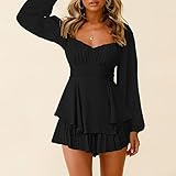 Fixmatti Women Shorts Jumpsuit Lantern Long Sleeve off Shoulder Chiffon Romper Ruffle Playsuit Black M