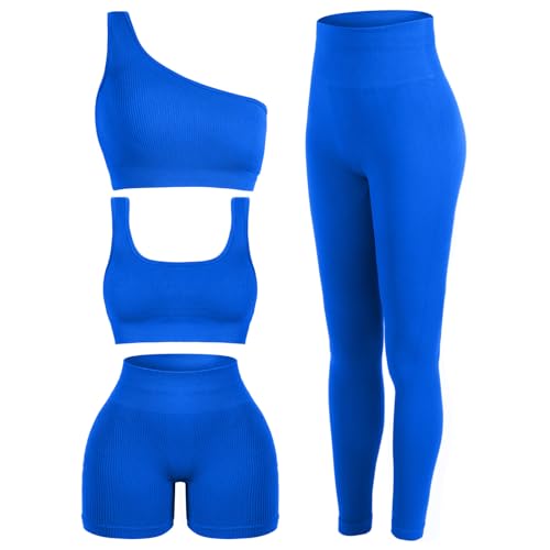 Floraltop 4 Pcs Women's Workout Sets Pilates Exercise Outfit Ribbed Scoop Neck Sports Bra Shorts Leggings Gym Clothes Set (Blue,Medium)