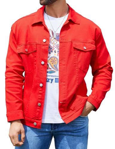 Bindefon Denim Jackets for Men Trucker Jean Jacket Unlined Coats Spring Fall Outfits(Red,S)