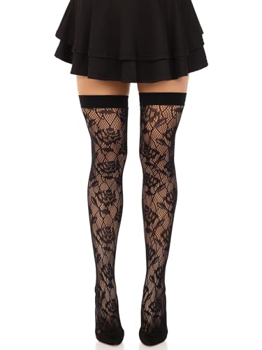 Leg Avenue Women’s Wild Rose Net Thigh Highs, O/S, BLACK