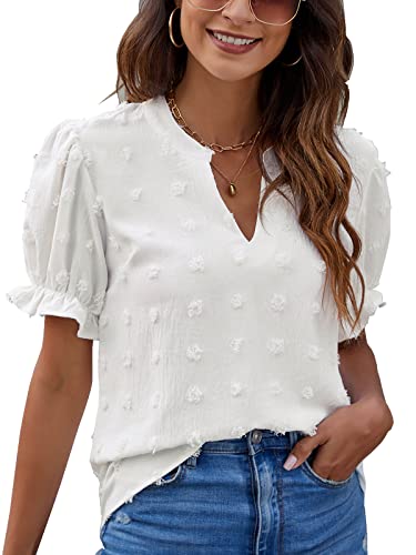 Blooming Jelly Women's Puff Sleeve Chiffon Blouses Casual Going Out Tops Solid Color Summer Shirts (White,Large)