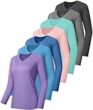 7 Pack Womens Long Sleeve Athletic Shirts UV Sun Protection UPF 50+ Quick Dry Workout Running Tops V Neck SetB XL