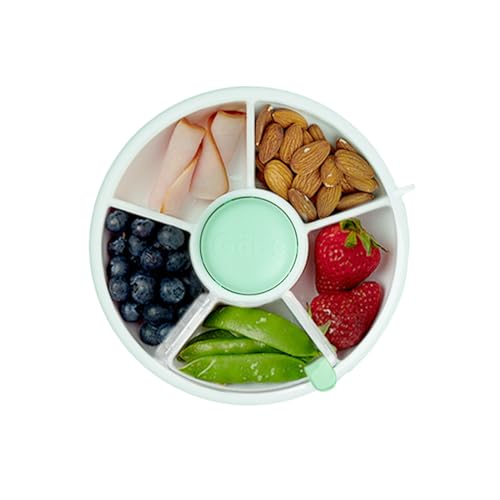 GoBe Kids Small Snack Spinner Flip Bundle with Hand Strap and Sticker Sheet - Reusable Snack Container with 5 Compartment Dispenser and Lid | BPA/PVC Free | Dishwasher Safe | No Spill- Mint Green