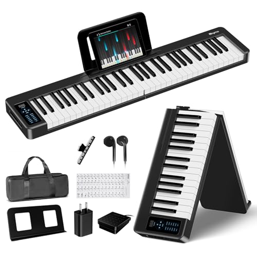 Rhymo Folding Piano Keyboard, 61 Keys Sensitive Electric Piano, Weighted Portable Electric Keyboard with Bluetooth MIDI, Digital Foldable Keyboard for Beginner