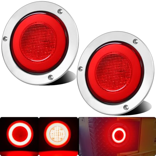 WahMOTOTin 2pcs 4 inch Round LED Trailer Trucks Halo Brake Stop Running Turn Signal Tail Lights Red 64 LEDs w/Stainless Bezels Flange Mount Sealed Waterproof IP67 For RV/Van, DC 12V