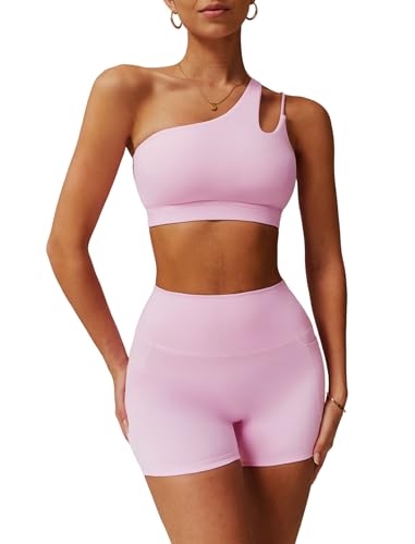 QBGJTD Two Piece Workout Sets for Women Single Shoulder Straps Backless Sports Bras Matching Slim Booty Lifting Biker High Waist Shorts 2 Piece Gym Yoga Athletic Set Work Out Active Outfits Pink S