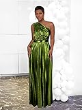 AOMEI Women's Luxury Metallic One Shoulder Sleeveless Elegant Pleated Long Dress (Green,S,Small)