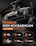 Neideso 360° Dash Cam Front and Rear Inside, 4 Channel FHD 4 * 1080P, Wi-Fi GPS Voice Control Car Camera, Front 2K+1080P*2 Dash Camera for Cars, with 64GB SD Card, Night Vision, 24H Parking Mode(N300)