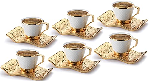 DEMMEX Turkish Greek Arabic Bosnian Coffee & Espresso Cup Set for 6 – 18 Pcs, Porcelain Demitasse Cups (2.6 Oz/80ml) with Gold Metal Holders & Saucers – Ottoman Chic Elegance, White & Gold