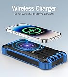 GOODaaa Power Bank Wireless Charger 36000mAh Built in 4 Cables Six Outputs 15W Fast Charging Power Bank for All Mobile Devices Three Inputs Solar Portable Charger with Dual Flashlights, Carabiner