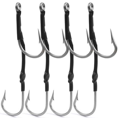 Double Hooks Rig for Trolling Chunking,4pcs Saltwater Trolling Hooks Stainless Steel Double Trolling Hooks Large Big Game Fishing Hooks for Marlin Shark Tuna Wahoo Dorado Fishing