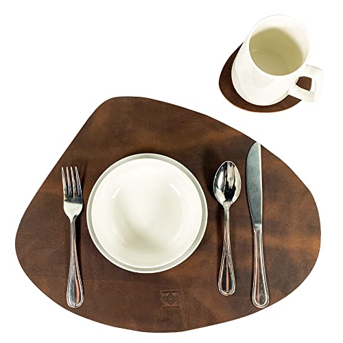 Leather At Home, Rustic Placemats with Coasters Set of 4 Handmade from Full Grain Leather - Decorative, Kitchen Table Mats, Home Essentials - Bourbon Brown
