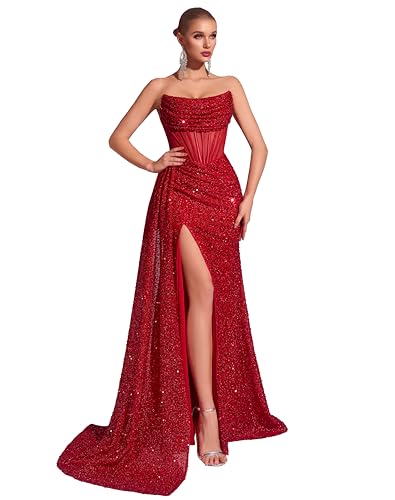 Cocktail Evening Gowns Formal Dresses for Women Sequin Tulle Wedding Guest Party Sexy Off Shoulder Floor Length Prom Dress Red-S