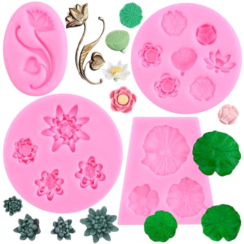 ZiXiang Lotus Flower Silicone Molds Lotus Leaf Fondant Mold Lily Pad Silicone Molds For Cake Decorating Cupcake Topper Chocolate Candy Polymer Clay Gum Paste Set Of 4
