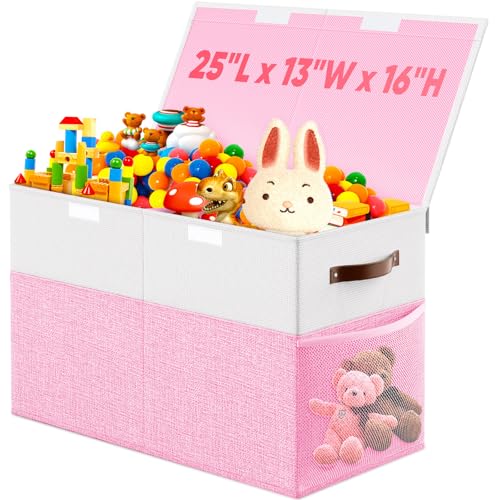 Large Toy Storage Box with Lid Divider, Sturdy Collapsible Toys Organizer Chest Kids Storage Bins Boxes Baskets for Boys, Girls, Nursery, Bedroom, Living Room, Playroom, 25"x13"x16", Pink and White